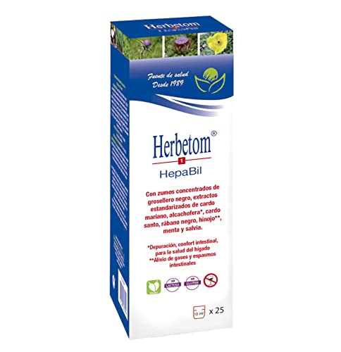 Herbetom 1 Hepabil jarabe 250 ml | Desintoxicación para el hígado, confort intestinal - Cardo mariano y extracto de alcachofa - Alivia gases y espasmos intestinales - Detox depurativo higado y colon