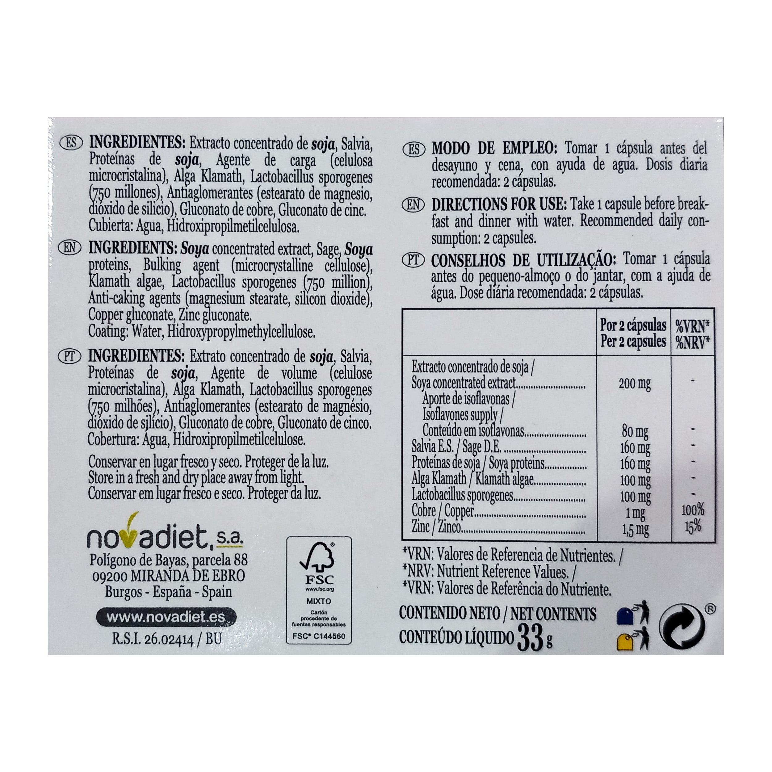 Novadiet CLIMATER REFORZADO 60 cápsulas con Proteínas de Soja, Salvia, Zinc y Cobre
