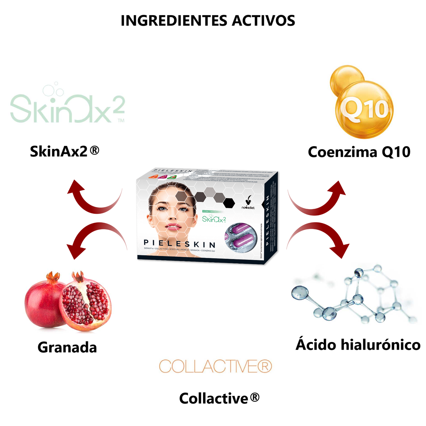 Novadiet PIELESKIN 30 cápsulas con SkinAx²™, Collactive, Ácido Hialurónico, Granada y Coenzima Q10