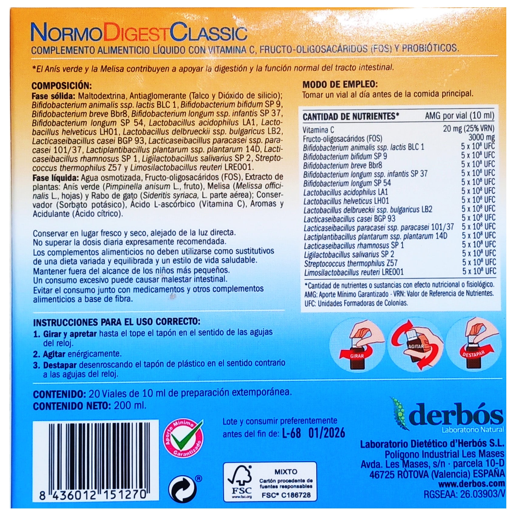 DERBÓS Normodigest Classic 20 viales con probióticos, FOS, vitamina C