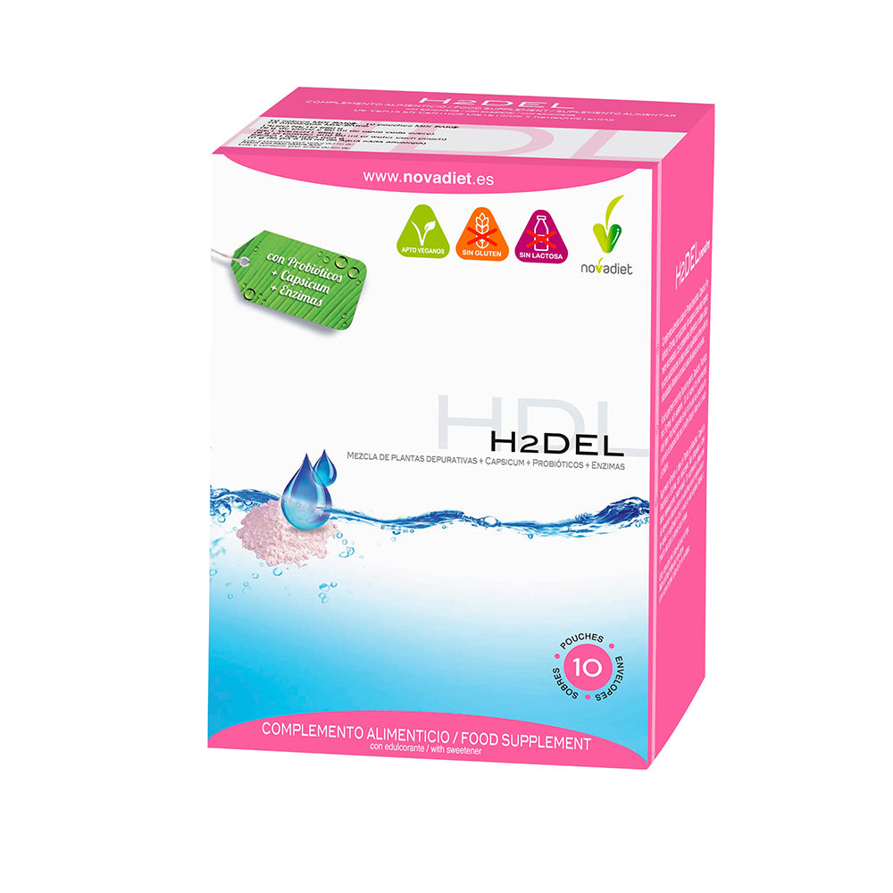 Novadiet H2DEL 10 Sobres con Mezcla extractos de Plantas (Cola de Caballo, Hibisco, etc), Capsicum y Probióticos
