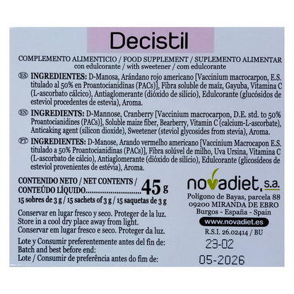 Novadiet DECISTIL 15 sobres con Vitamina C, Arándano Rojo Americano, Gayuba, D-Manosa, Para Prevenir Infecciones Urinarias