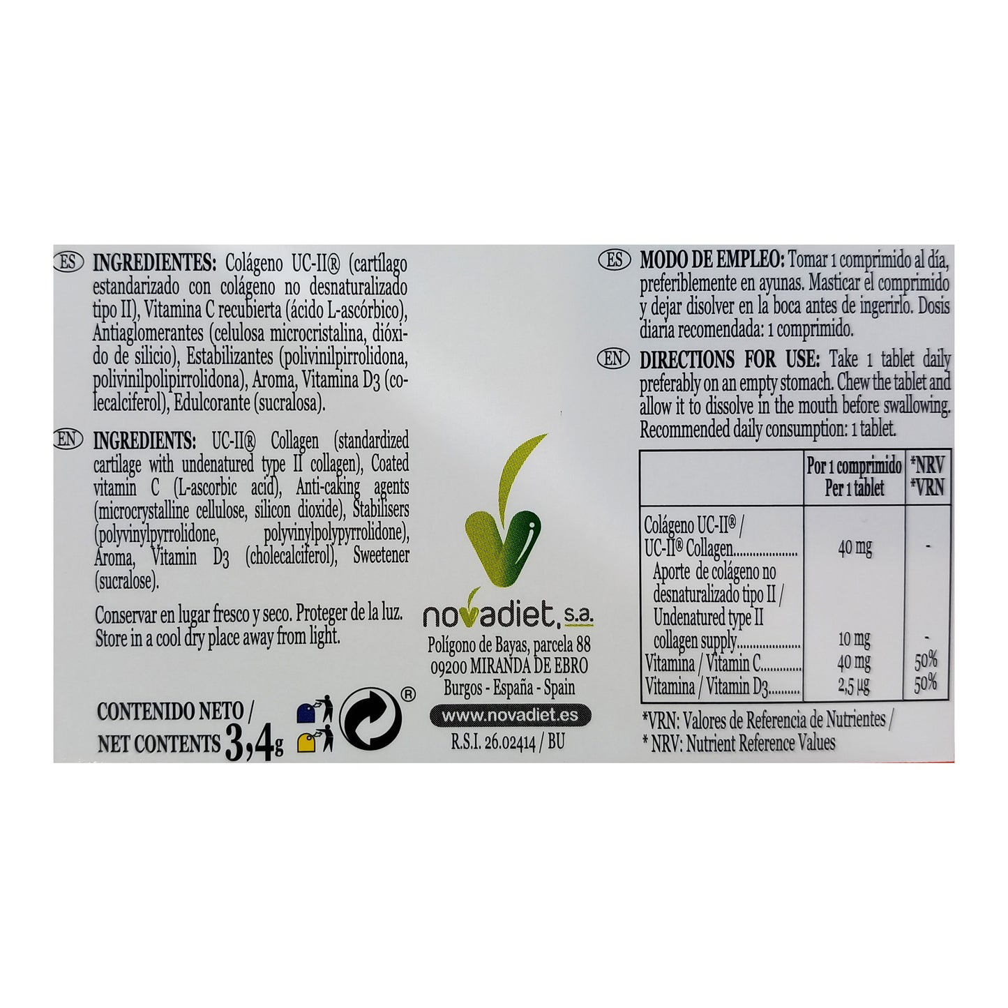 Novadiet COLAMAG FLAS, 30 Comprimidos con Colágeno UC-II, Vitamina C y Vitamina D3