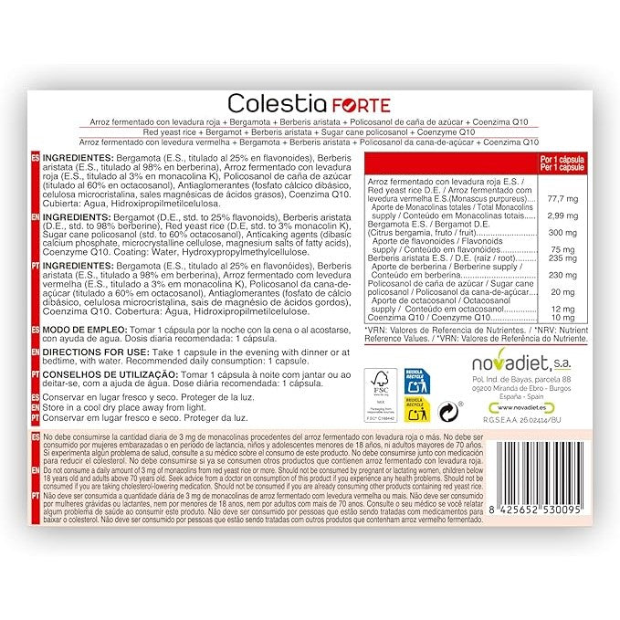 Novadiet COLESTIA FORTE 60 Cap con Arroz Fermentado, Levadura Roja, Bergamota, Berberis Aristata, Policosanol Caña Azúcar y Coenzima Q10