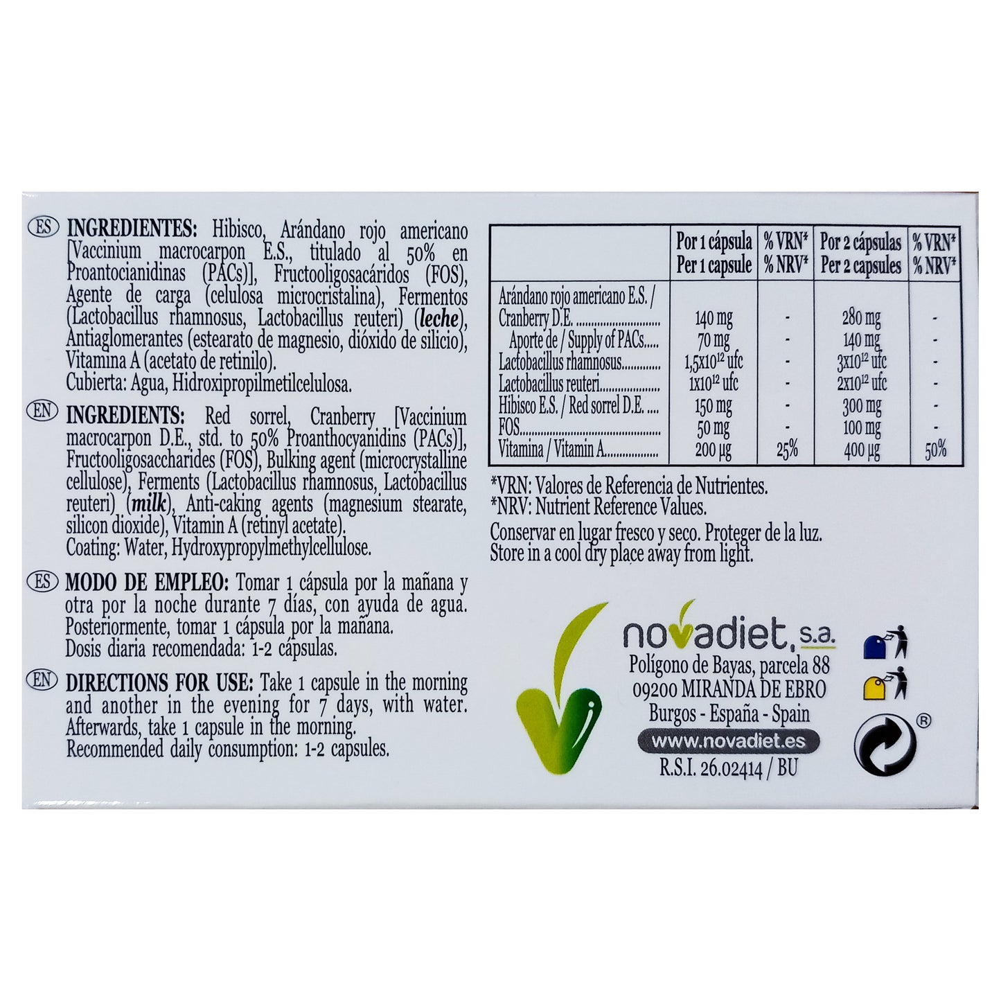 Novadiet CANDICIS 30 cápsulas con Arándano Rojo Americano, Fermentos, Hibisco, FOS y Vitaminas