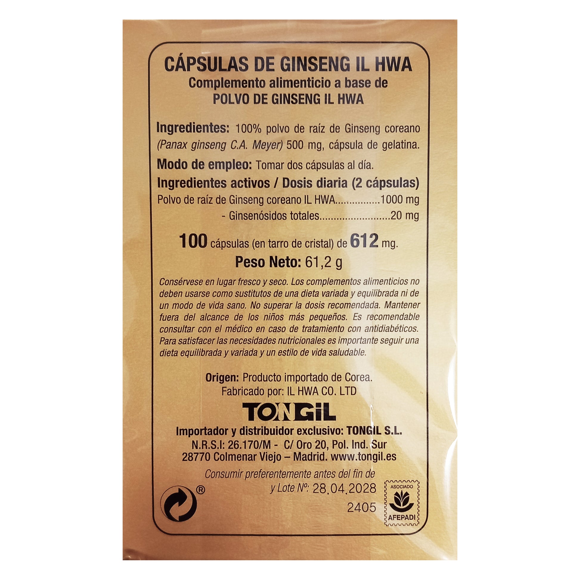 Tongil GINSENG COREANO PURO, Calidad Ilhwa, 500 mg, 100 cápsulas