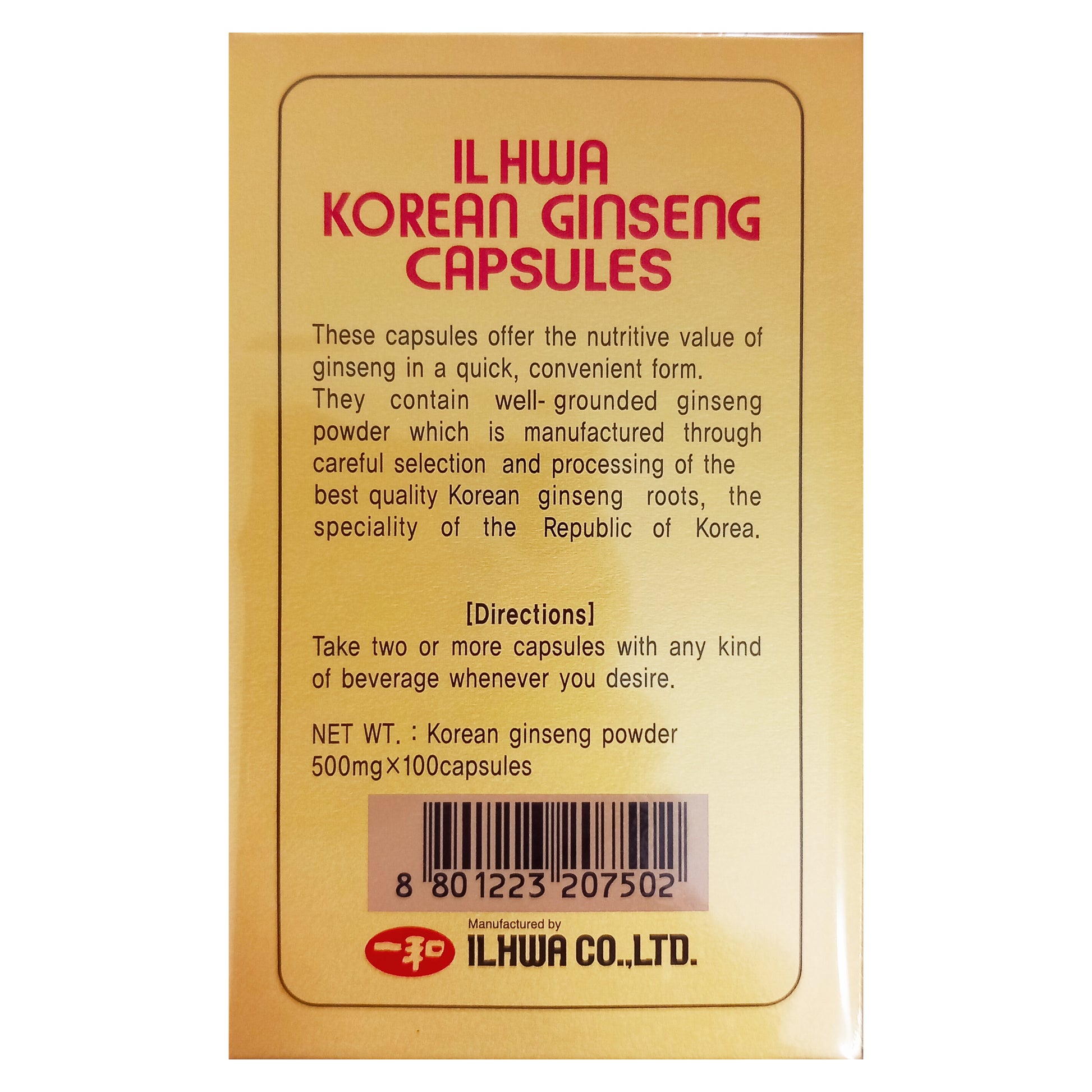 Tongil GINSENG COREANO PURO, Calidad Ilhwa, 500 mg, 100 cápsulas