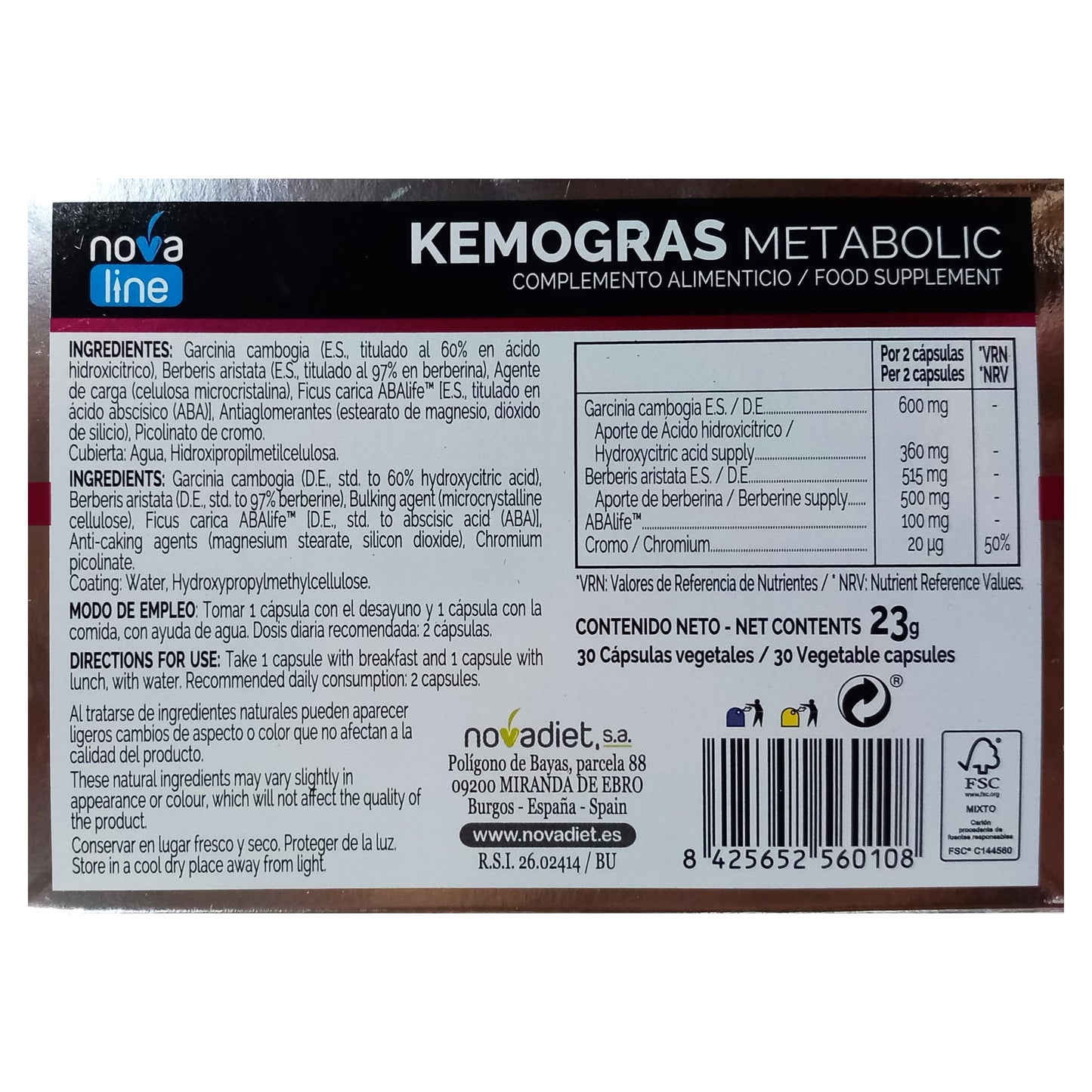 Novadiet KEMOGRAS METABOLIC 30 capsulas con Picolinato de Cromo, Garcinia Cambogia y Berberina, Ayuda al Control del Peso, Obesidad y Adelgazar