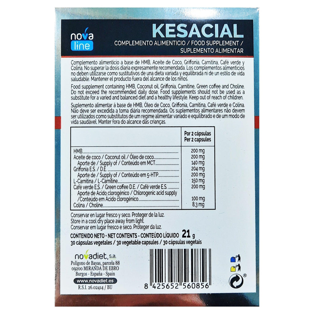 Novadiet KESACIAL 30 Cápsulas con HMB, Aceite de Coco y Café Verde