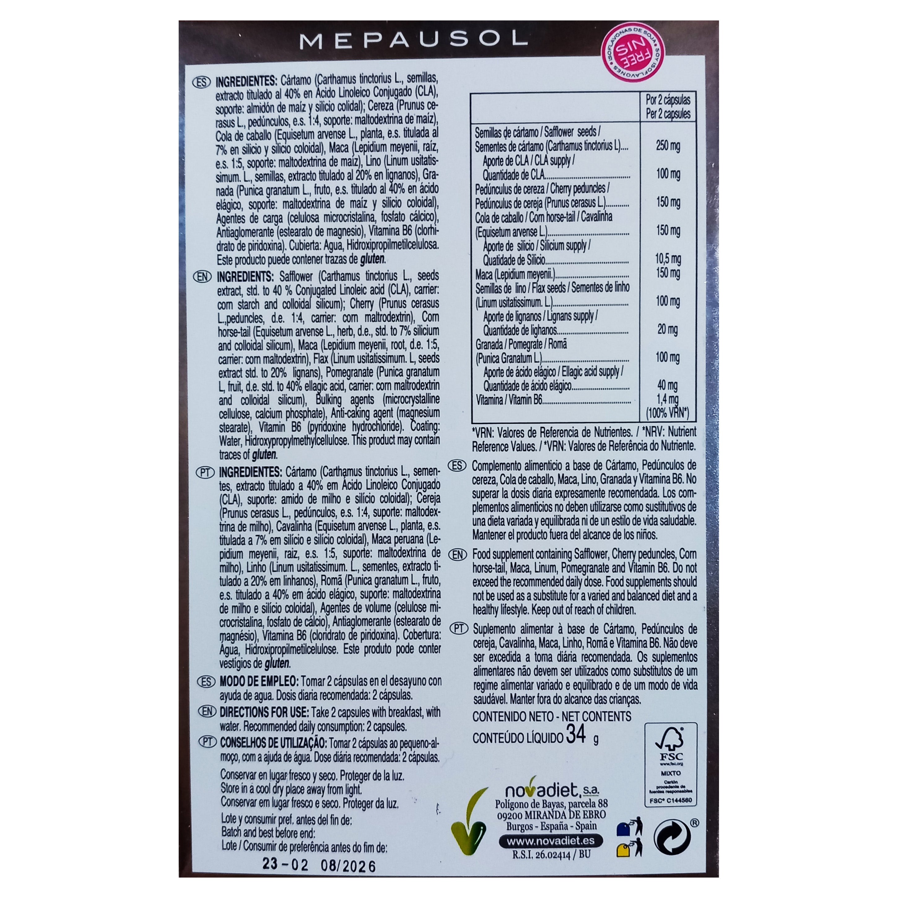 Novadiet MEPAUSOL 60 capsulas, con Vitamina B6, Cártamo, Maca y Pedúnculos de Cereza