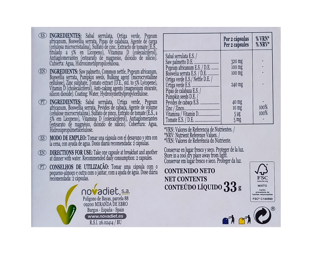 Novadiet PROSNOVA PROGRESS con Zinc, Vitamina D, Sabal, Pygeum, Boswellia y Ortiga Verde - 60 Cápsulas