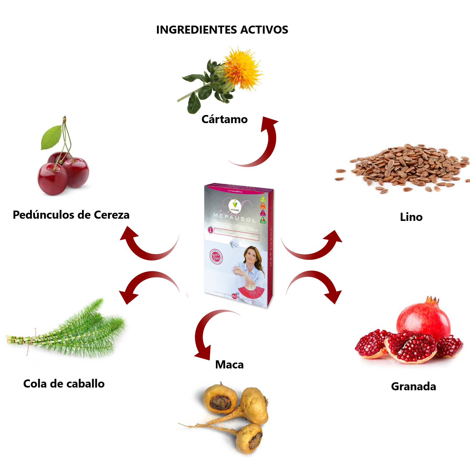 Novadiet MEPAUSOL 60 capsulas, con Vitamina B6, Cártamo, Maca y Pedúnculos de Cereza