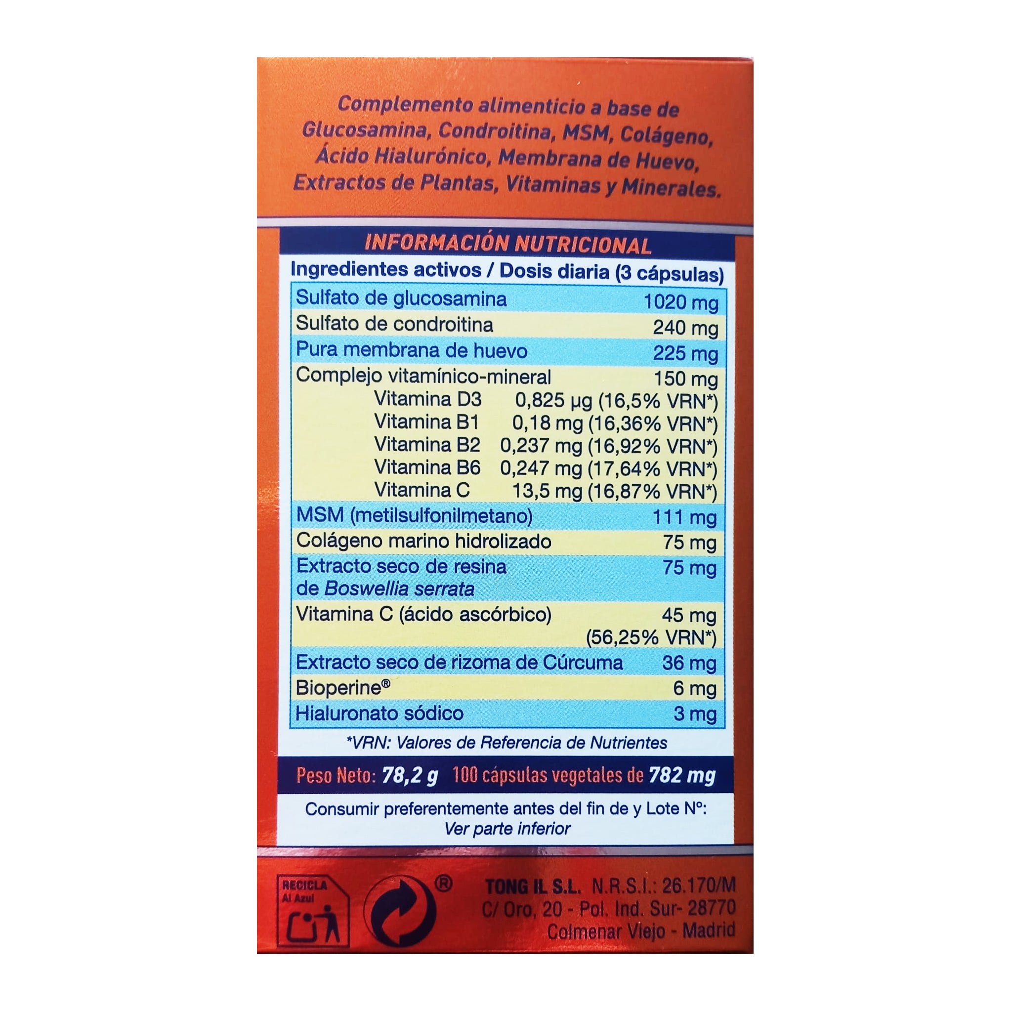 Tongil Nivelflex 100 cápsulas con Glucosamina, Condroitina, MSM, Colágeno, Hialurónico