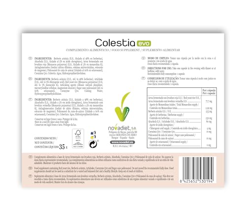 Novadiet COLESTIA EVO 60 Cap - Pastillas para el Colesterol, Arroz fermentado con levadura roja +Berberis aristata+Alcachofa+Coenzima Q 10+Policosanol de caña de azúcar