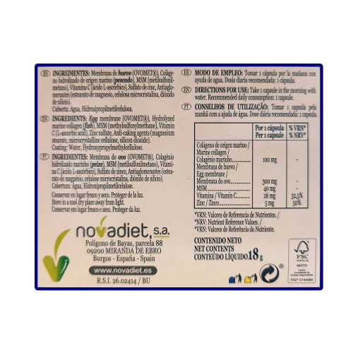 Novadiet COLAMAG MEMBRANA 30 capsulas, con Colágeno Marino, Membrana de Huevo, Vitamina C y Zinc