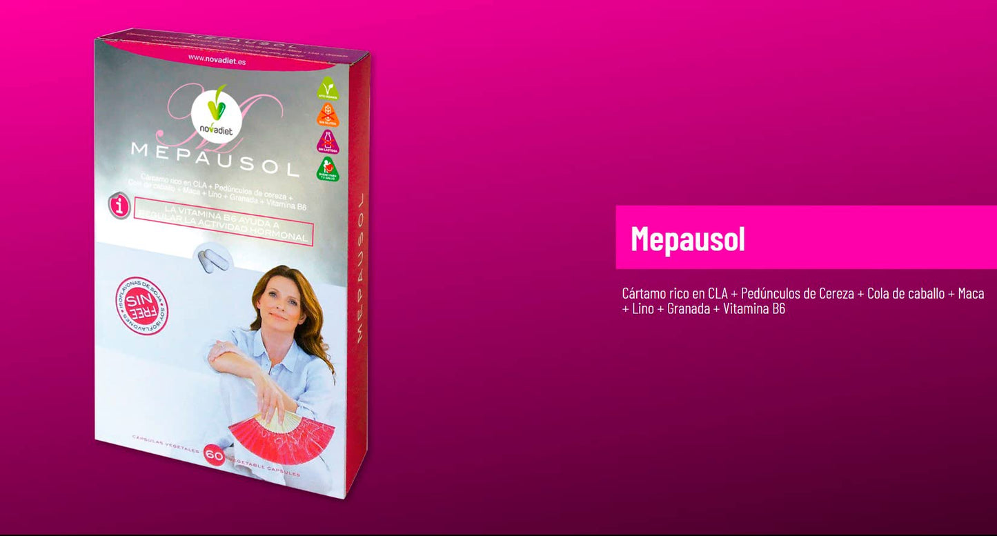 Novadiet MEPAUSOL 60 capsulas, con Vitamina B6, Cártamo, Maca y Pedúnculos de Cereza - Equilibrio Hormonal y Alivio de Síntomas Menopáusicos - Mejora tu Bienestar en la Menopausia
