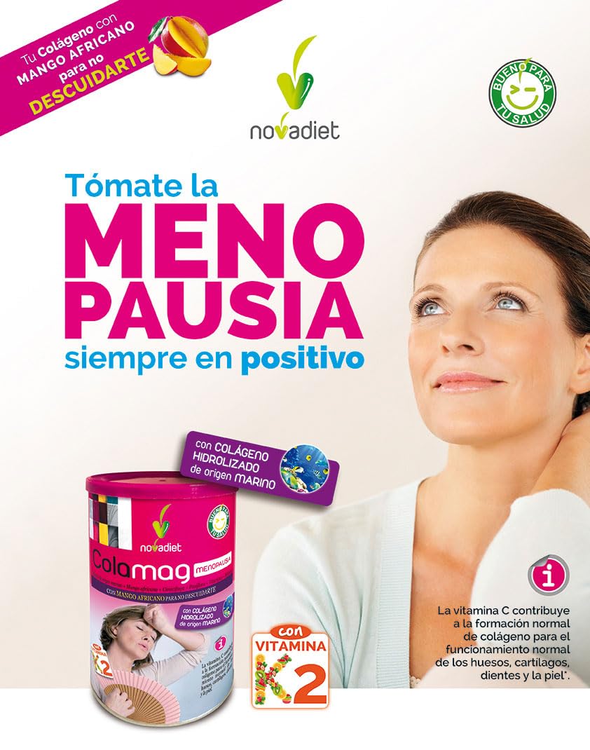 Novadiet COLAMAG MENOPAUSIA 300gr con Colágeno de origen marino, Mango africano, Cimicífuga, Pasiflora,Vitaminas, Minerales