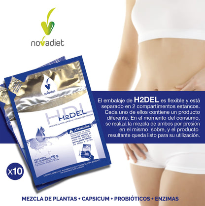 Novadiet H2DEL 10 Sobres con Mezcla extractos de Plantas (Cola de Caballo, Hibisco, etc), Capsicum y Probióticos, Ayuda al Control Peso, Obesidad, Adelgazar y Facilita la Depuración y Detox