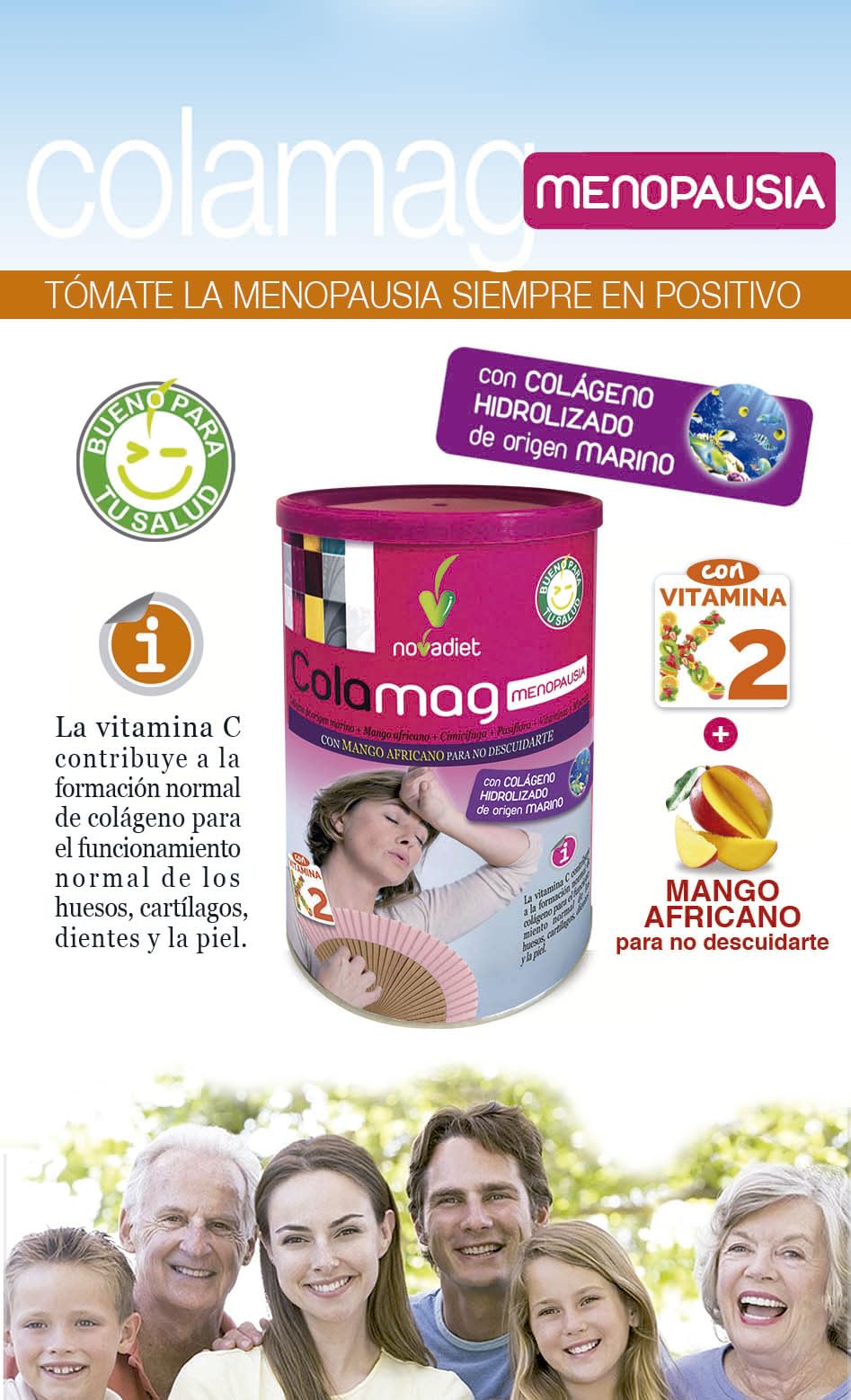 Novadiet COLAMAG MENOPAUSIA 300gr con Colágeno de origen marino, Mango africano, Cimicífuga, Pasiflora,Vitaminas, Minerales