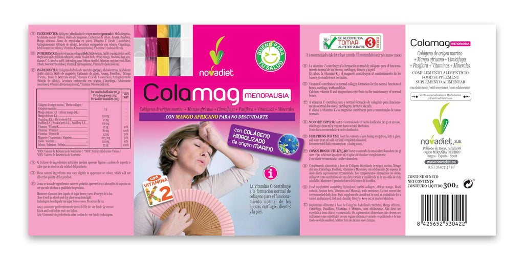 Novadiet COLAMAG MENOPAUSIA 300gr con Colágeno de origen marino, Mango africano, Cimicífuga, Pasiflora,Vitaminas, Minerales