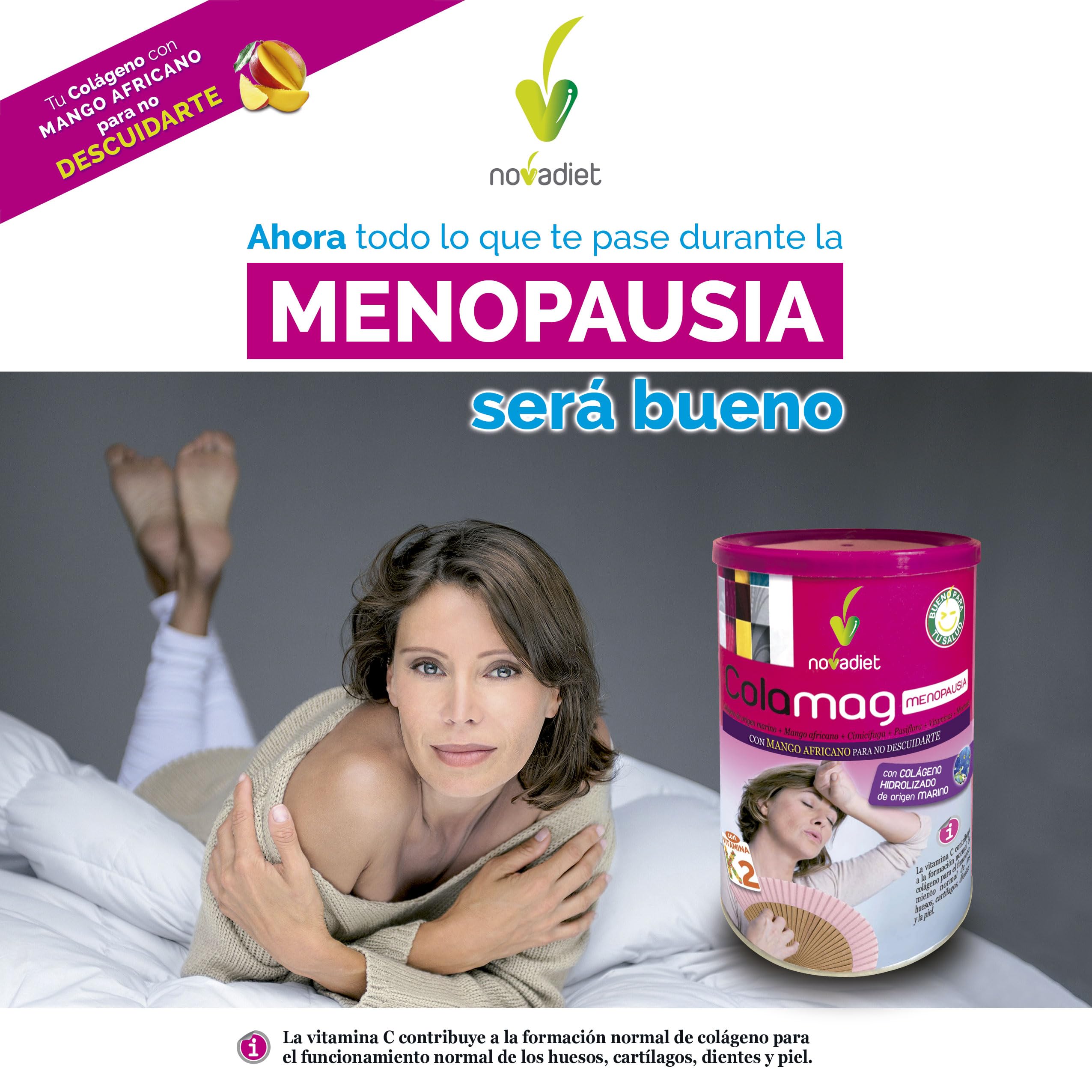 Novadiet COLAMAG MENOPAUSIA 300gr con Colágeno de origen marino, Mango africano, Cimicífuga, Pasiflora,Vitaminas, Minerales