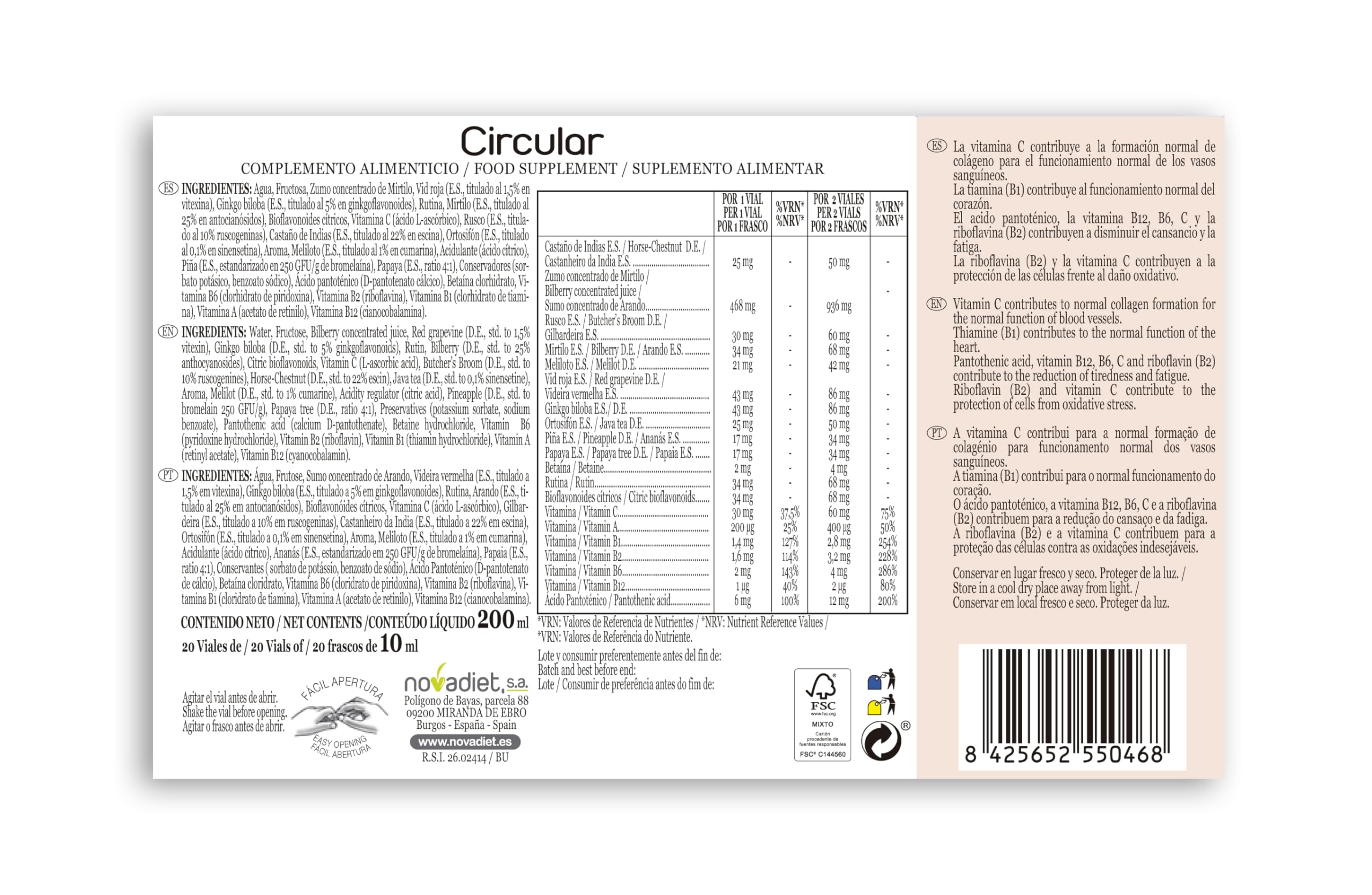 Novadiet CIRCULAR 20 viales, con Rusco, Rutina, Mirtilo, Castaño de Indias, Meliloto, Ginkgo