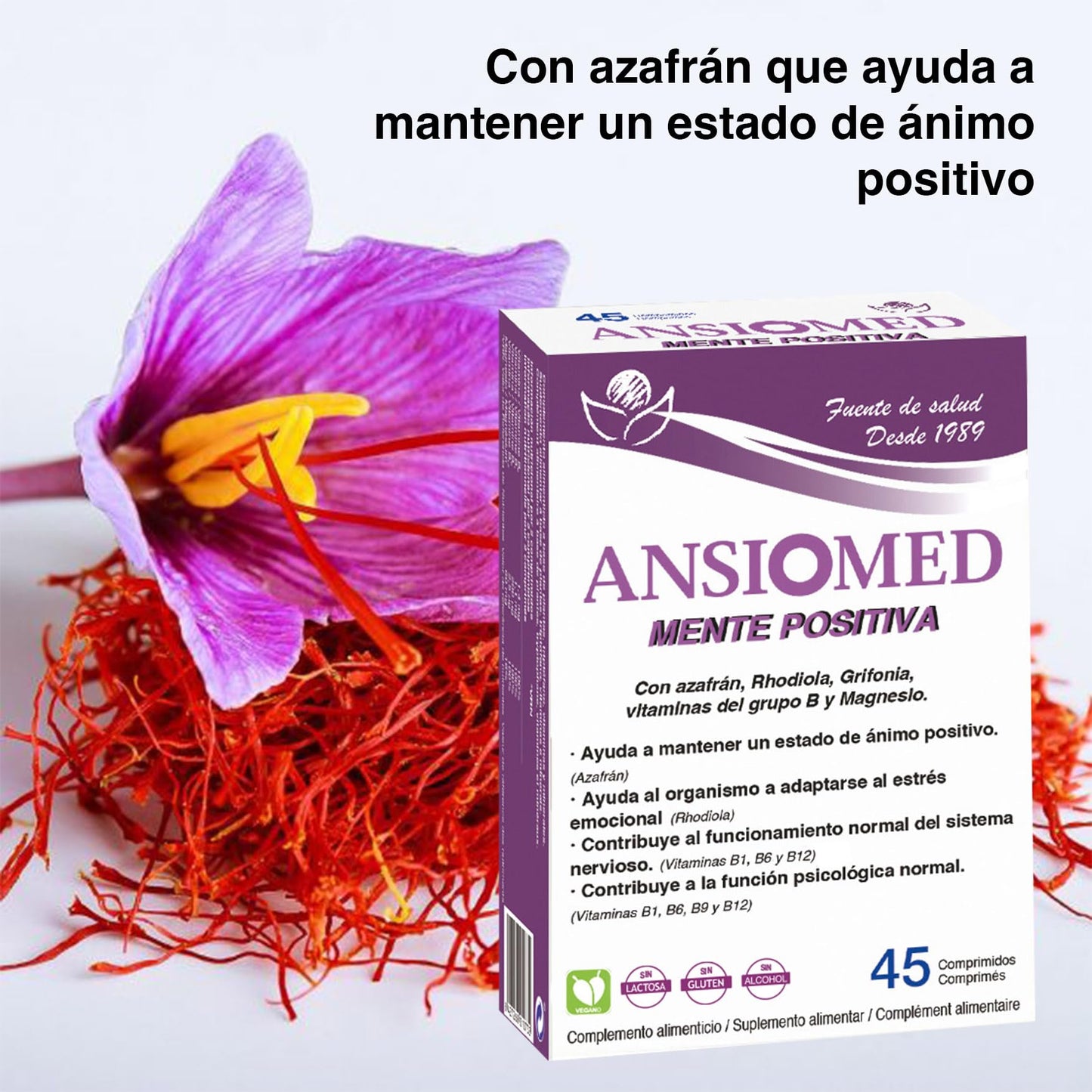 Bioserum ANSIOMED Mente Positiva - 45 comprimidos | Complemento alimenticio con azafrán, rhodiola, griffonia, vitaminas y magnesio | Ayuda a mantener un estado de ánimo positivo
